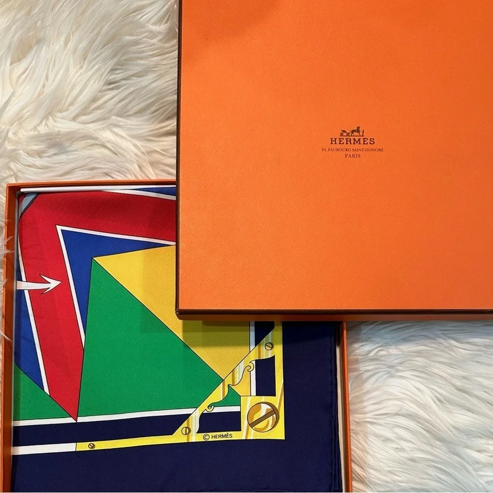 Hermès “Sextants” by Loïc Dubigeon 100% Silk Scarf Vintage 1981 Multicolor + Box